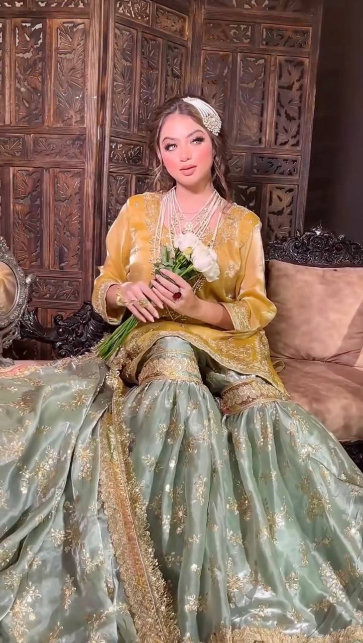 Mustard Yellow Kurta & Sea Green Sharara Set